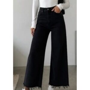 Zara The Marine Straight Wide Leg Pants Womens Size 10 Black High Rise Raw Hem
